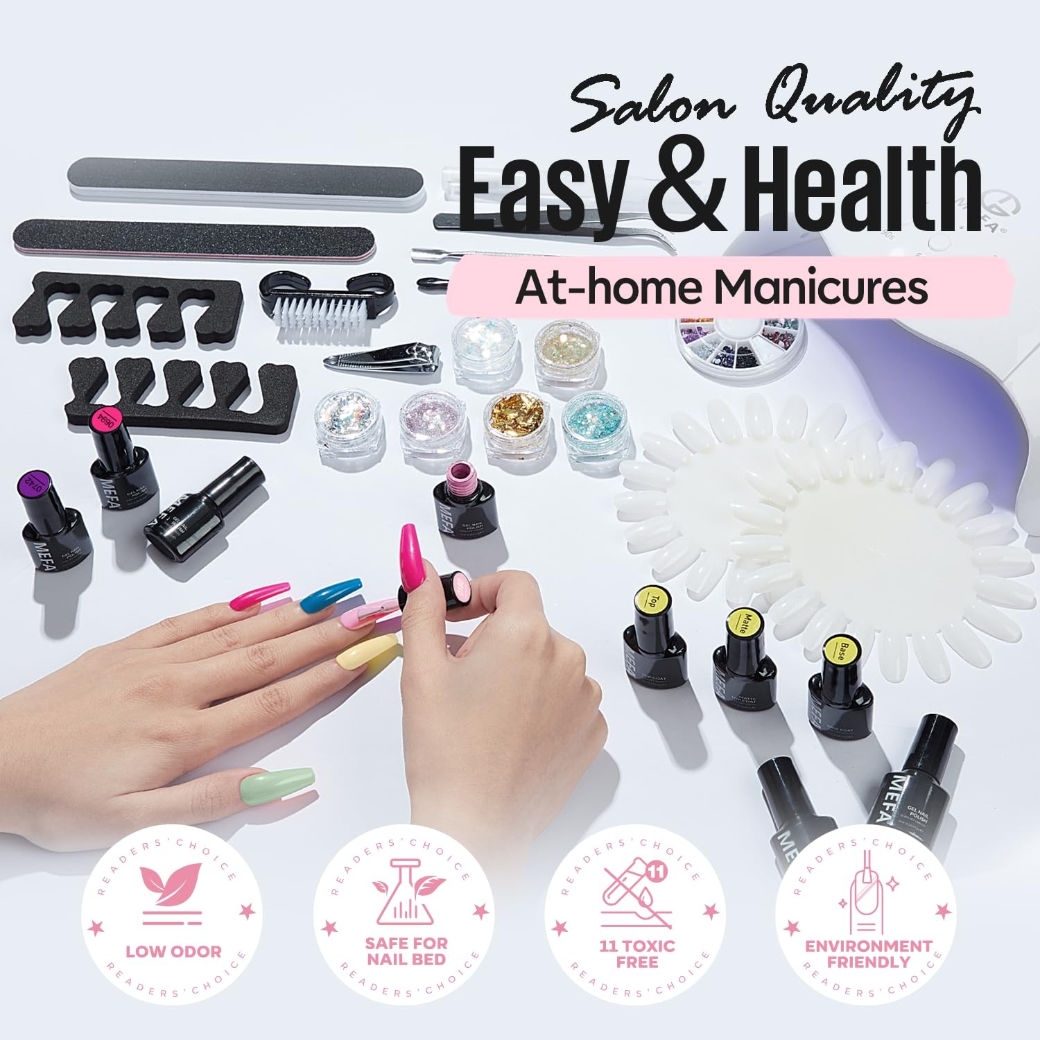 MEFA 56pc Gel Nail Polish Kit w/ UV Light, 32 Colors Hot Pink & Glitter Gels
