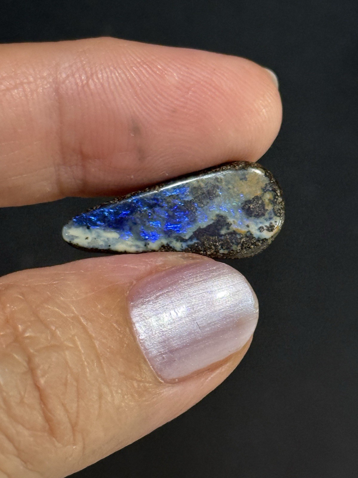 9.35ct 24x10x5mm Flashy Dark Blue Natural Boulder Australian Opal Drop Cabochon