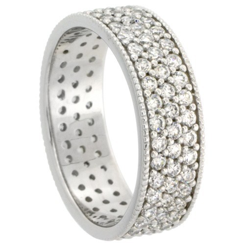 925 Sterling Silver Micro Pave 3-Row CZ Eternity Band Ring 1/4 Inch (6mm) Wide