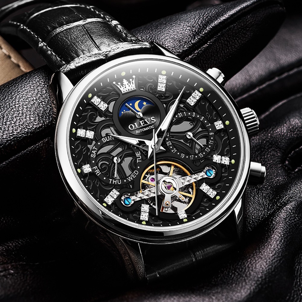 OLEVS 6658 Noctilucent Genuine Leather Multi-functiom Water Resistant Wristwatch