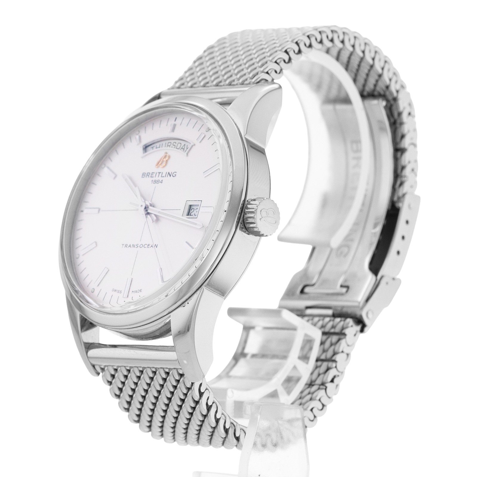 Breitling Transocean Day & Date A45310 43mm Silver Dial Steel Mens Watch 2015