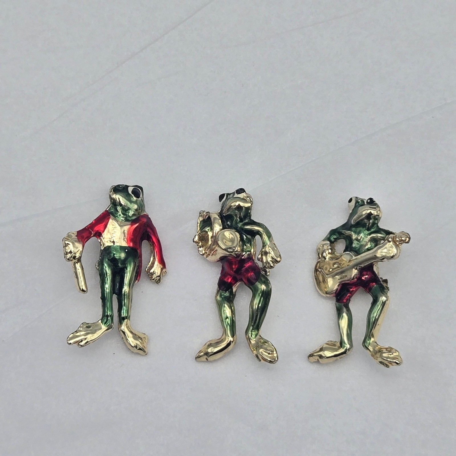 Frog Music Band Enamel Brooch Set of 3 Green Red Gold Novelty Pins Quirky