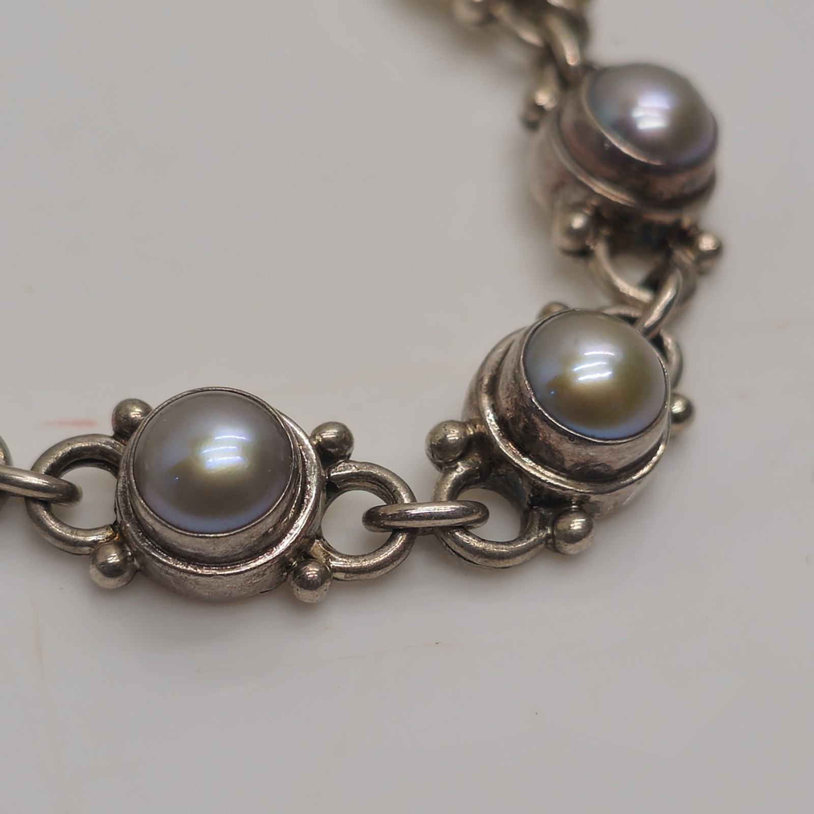 925 Sterling Silver Blue Stone Link Bracelet Toggle Clasp 6.25in 16.84g Vintage