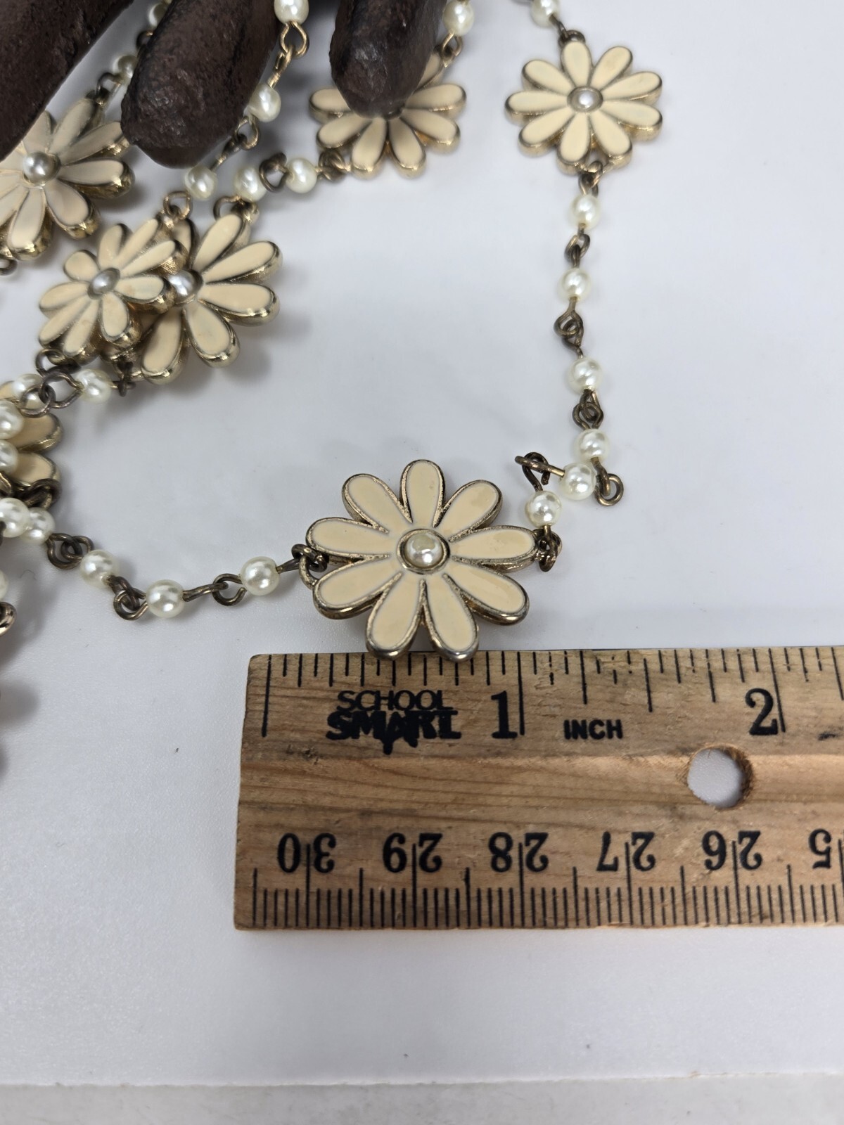 Vintage Flower Daisy Statement Necklace Metal w/Faux Pearl Yellow Gold Tone 18″