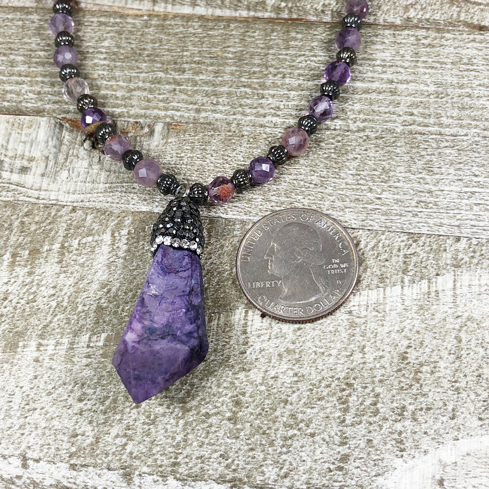 Purple Quartz Crystal with Rhinestone Bail and Faceted Phantom Quartz Beads
