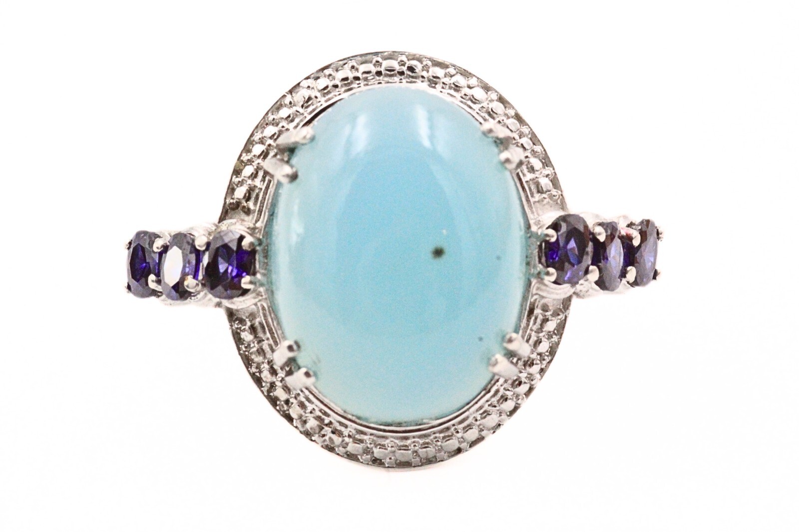 Karis STS Signed Rhodium Plate Light Blue Glass Cab Purple CZ Cocktail Ring Sz 9