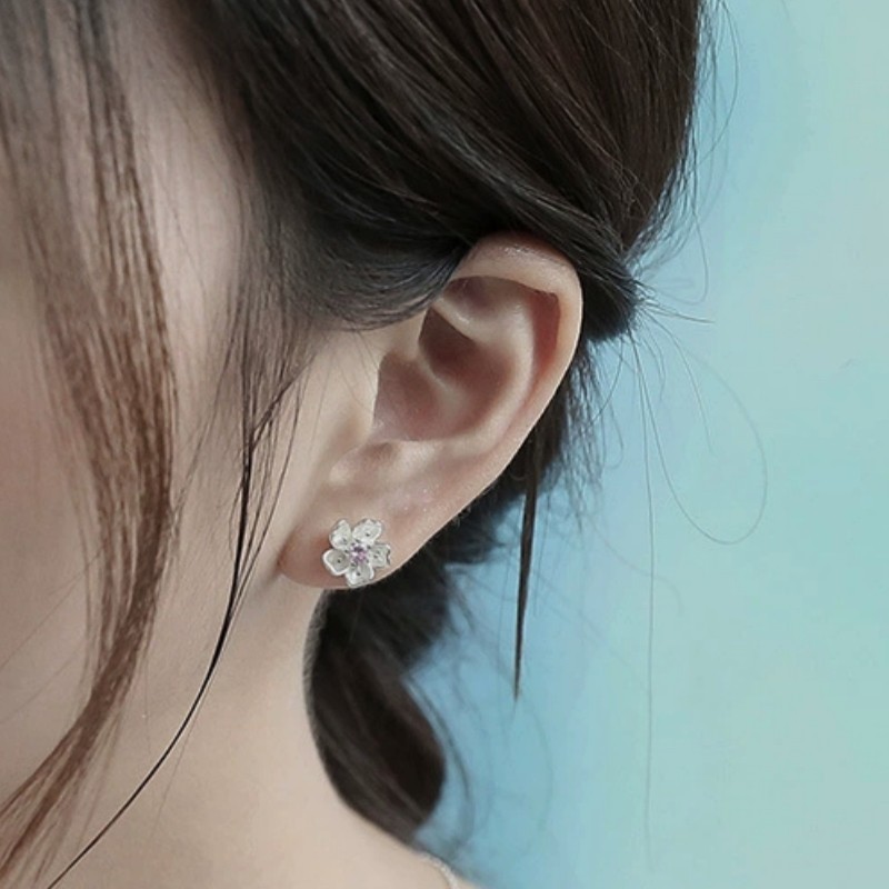 Elegant Pink CZ Center Cherry Blossom Earring Silver Plated Straight Needle Stud