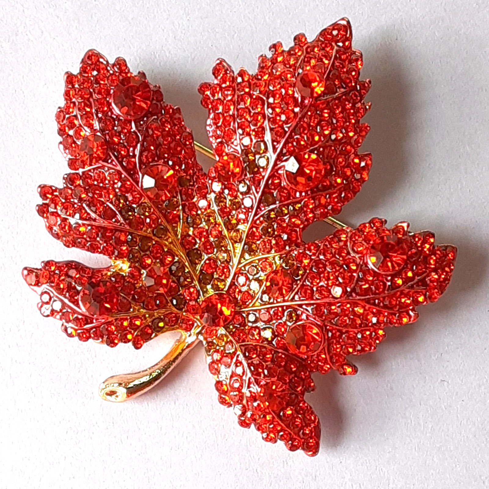 red orange FALL LEAF Brooch Glass AB crystals GIFT BOX Gold tone #BR10