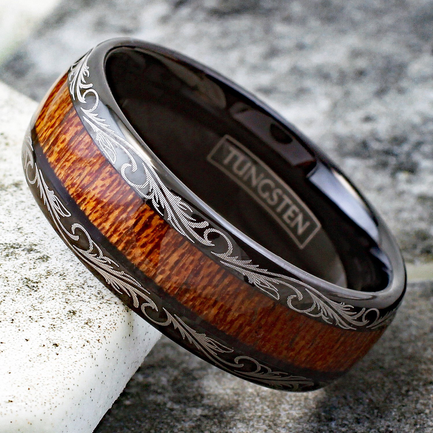 Men’s Tungsten Ring 8mm Black w/ Wood Grain Leaf Edge Wedding Band
