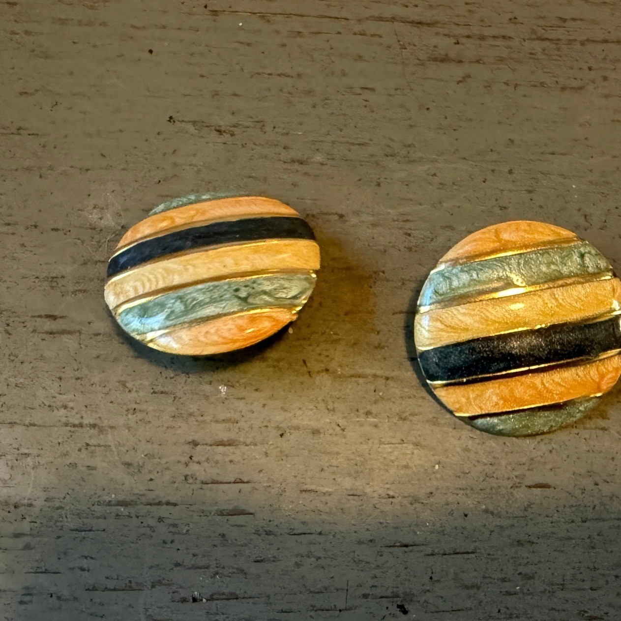 Vintage Style Striped Enamel Round Stud Earrings Gold Tone Multi Color Vintagw