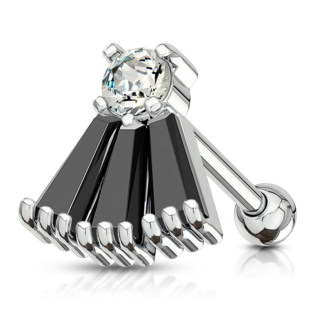 16 Gauge 1/4″ Round and Princess Cut CZ Fan Steel Cartilage Tragus Barbell A153
