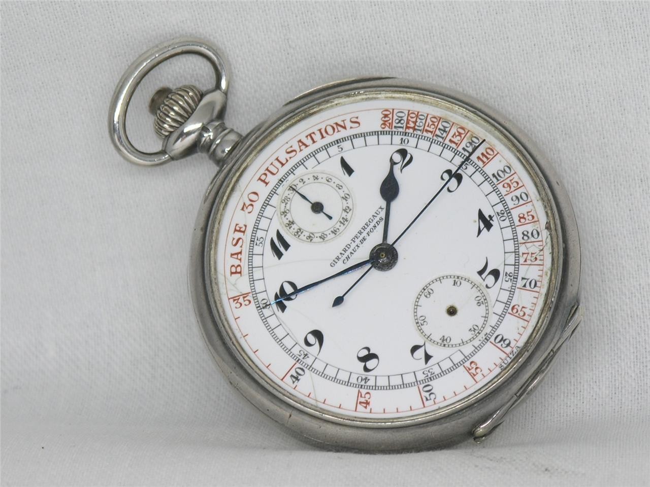 VINTAGE 51MM 17 JEWEL GIRARD-PERREGAUX CHRONOGRAPH SILVER POCKET WATCH, RUNNING!