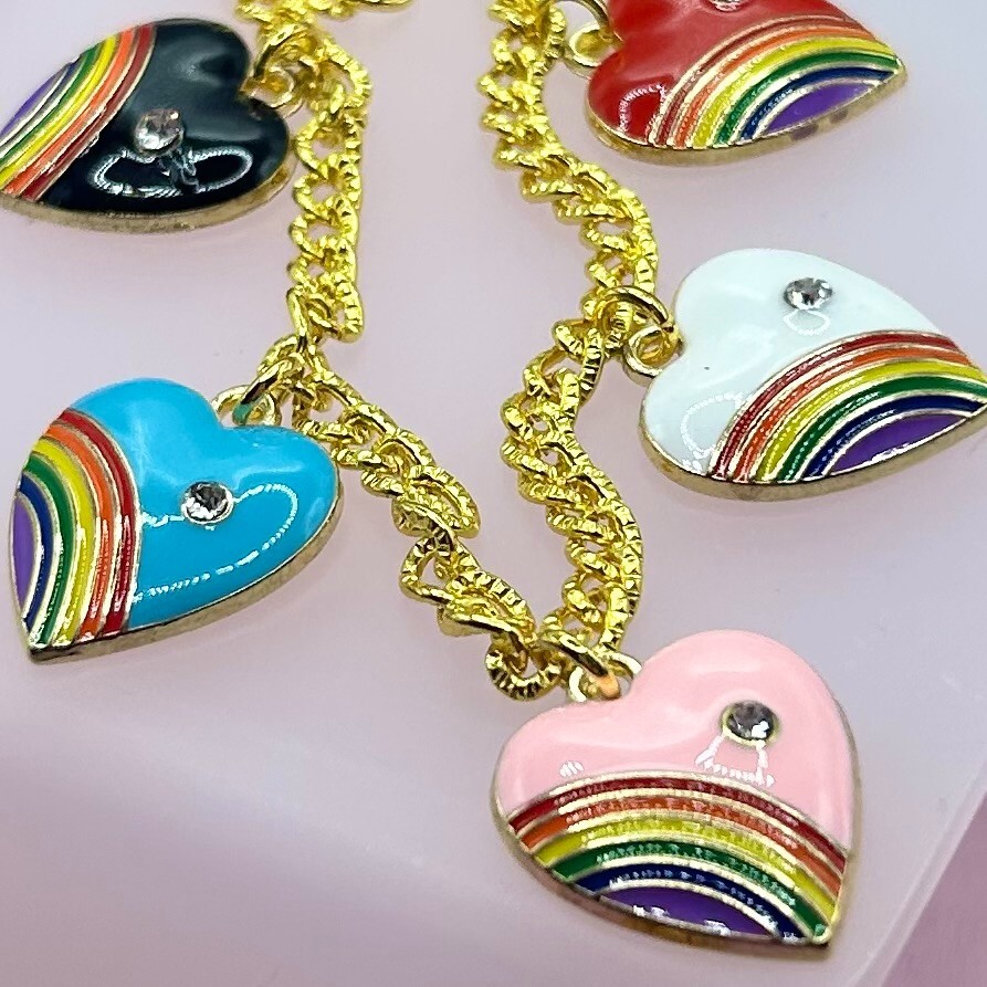 Gold Rainbow & Diamante Heart Pendant Charm Bracelet – New Handmade Unique