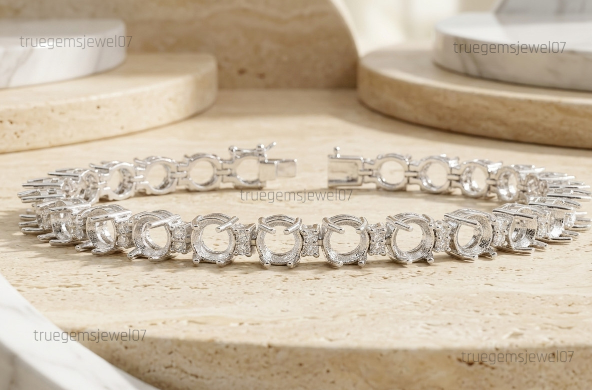 5mm to 6mm Round Semi Mount Tennis Bracelet 925 Sterling Silver Blank Settings