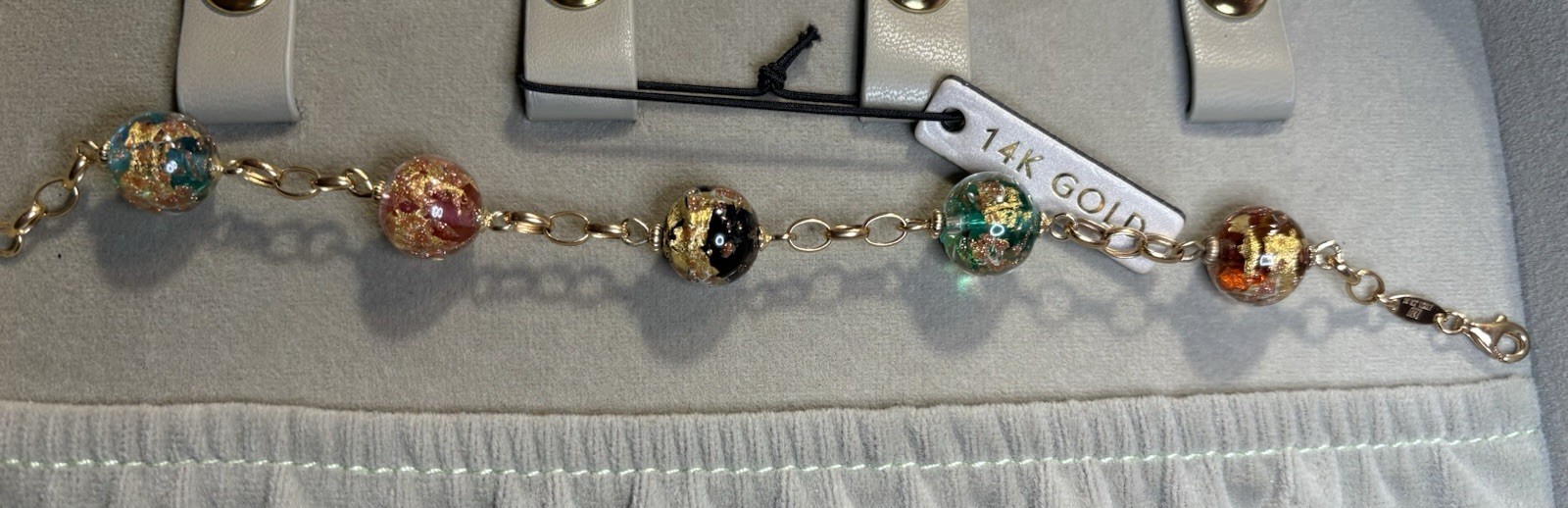 14k Yellow Gold Venetian Murano Glass Bead Link Bracelet 14.93G Sz6.5 Lot #43