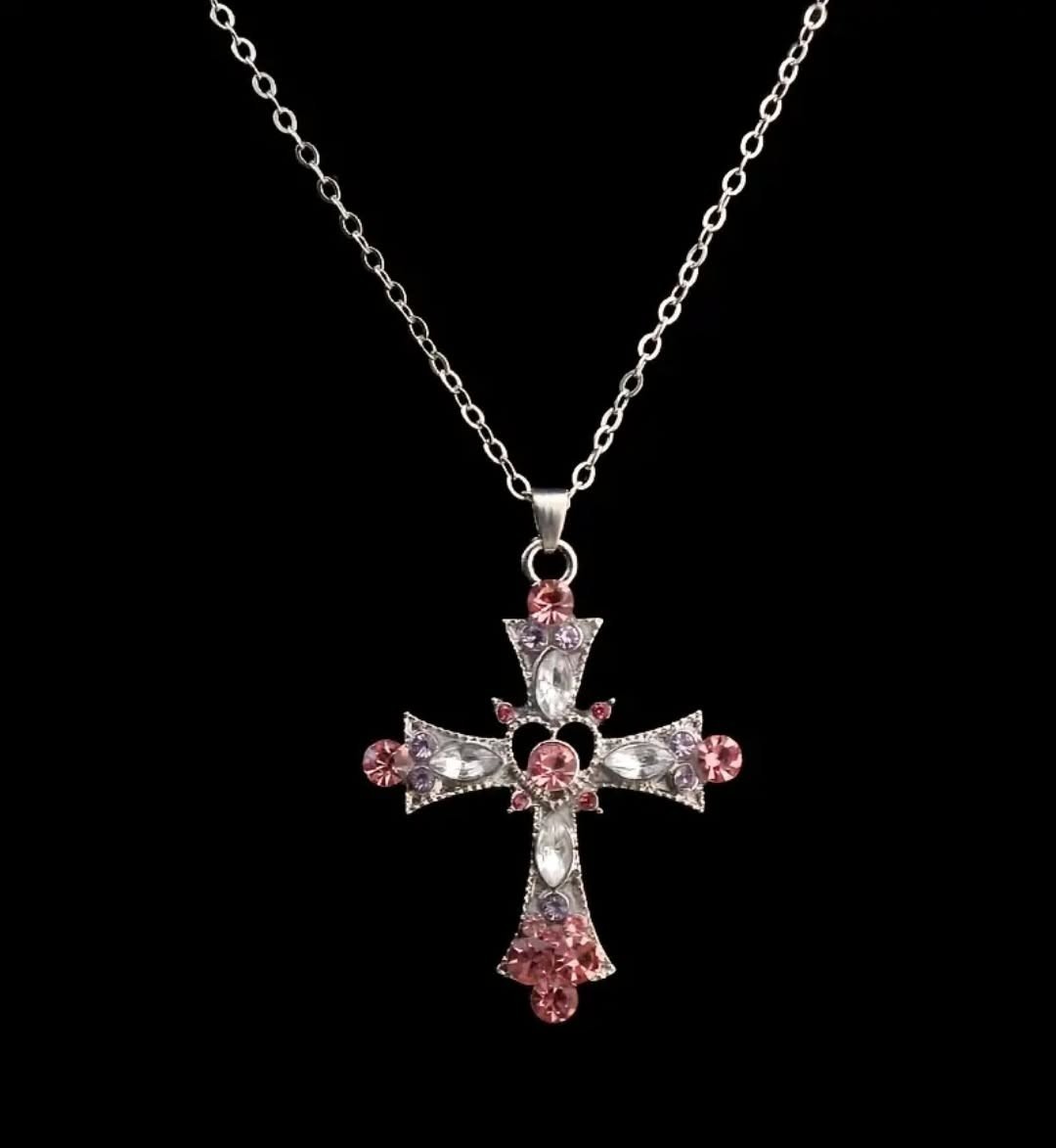 Pink Cross Pendant Necklace Silver Plated Zinc Alloy Fashion Jewelry