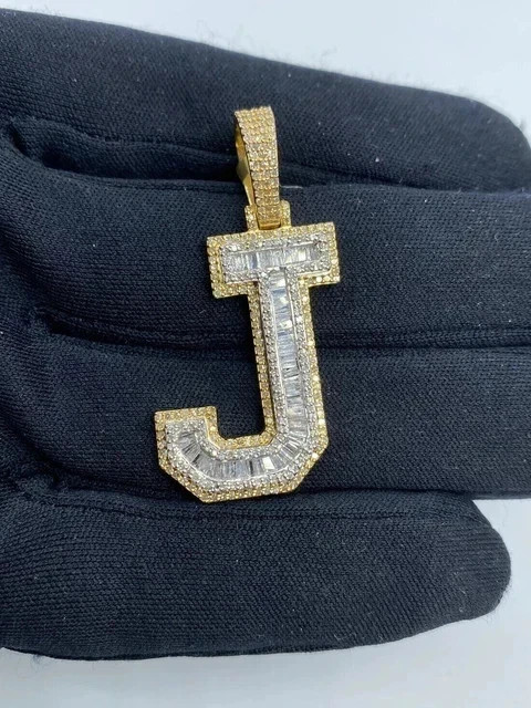 2Ct Baguette Round Moissanite INITIAL”J” LETTERS Pendant 14K Yellow Gold Plated