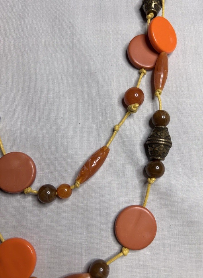 Vintage Acrylic Plastic Metal Beaded Necklace ~ 44” ~ Glowy Amber Orange Discs