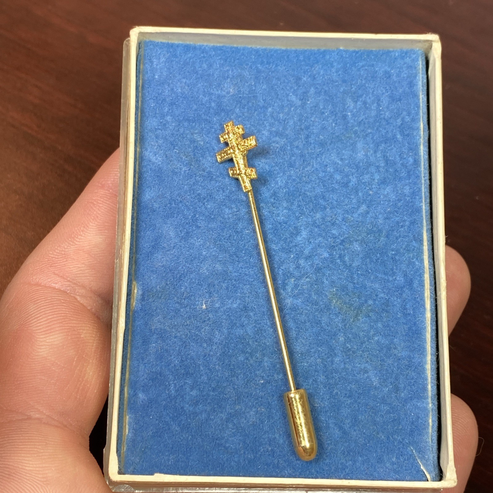 Vtg Orthodox Christian 3 Bar Cross Stick Pin Brooch Gold Tone Nice Detail 2-3/8”
