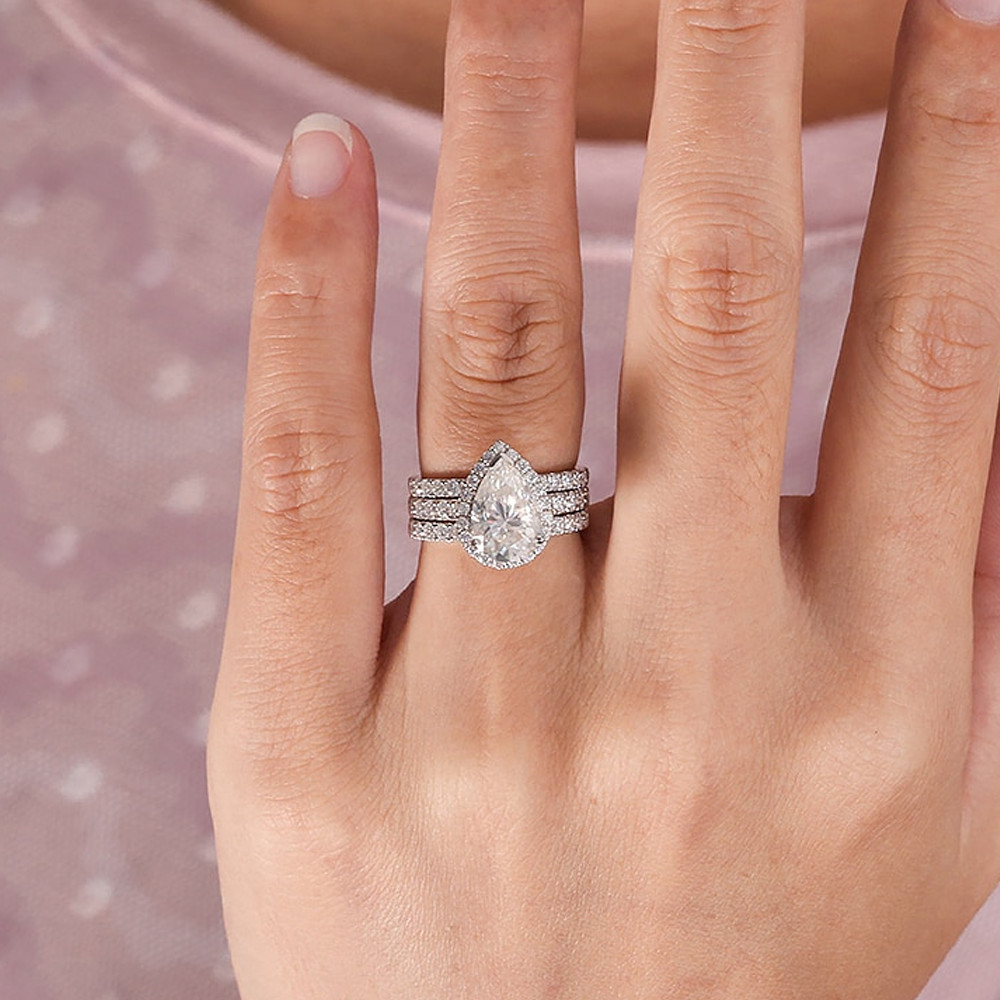 3.20 TCW Pear Moissanite Trio Set Women’s Engagement Ring 14K White Gold Plated