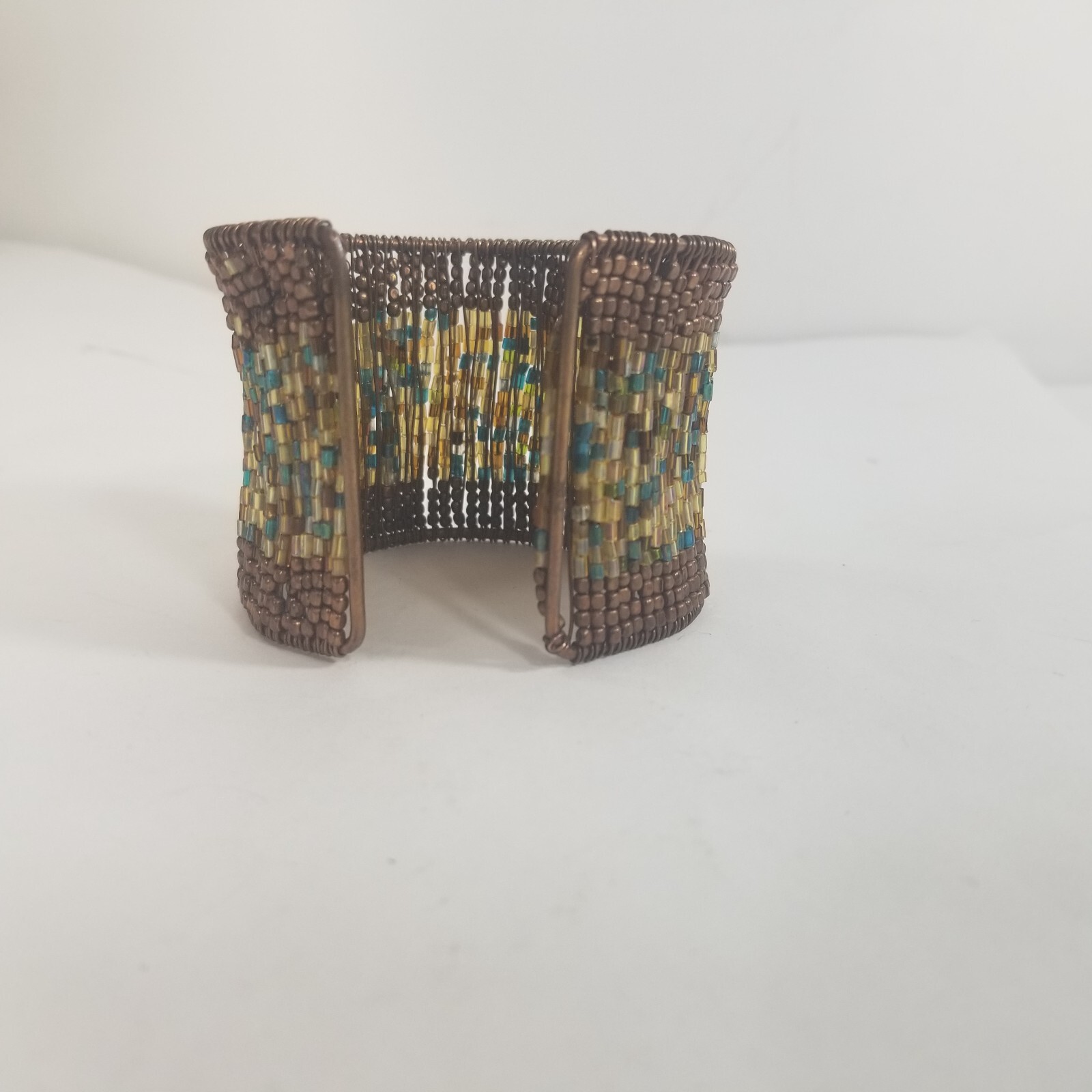 Beaded Wrap Cuff Bracelet Bronze Tone Seed Beads Flexible Fit Wide