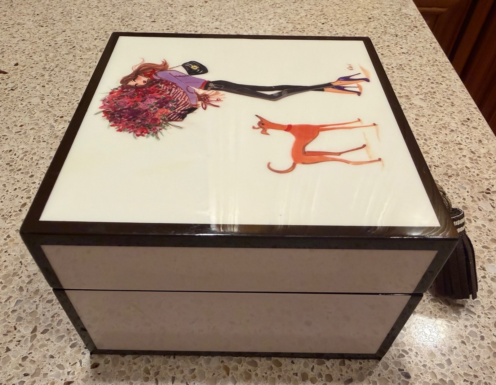 Rare Henri Bendel Lacquered Wood Jewelry Box Izak Zenou Fashion Girl Dog