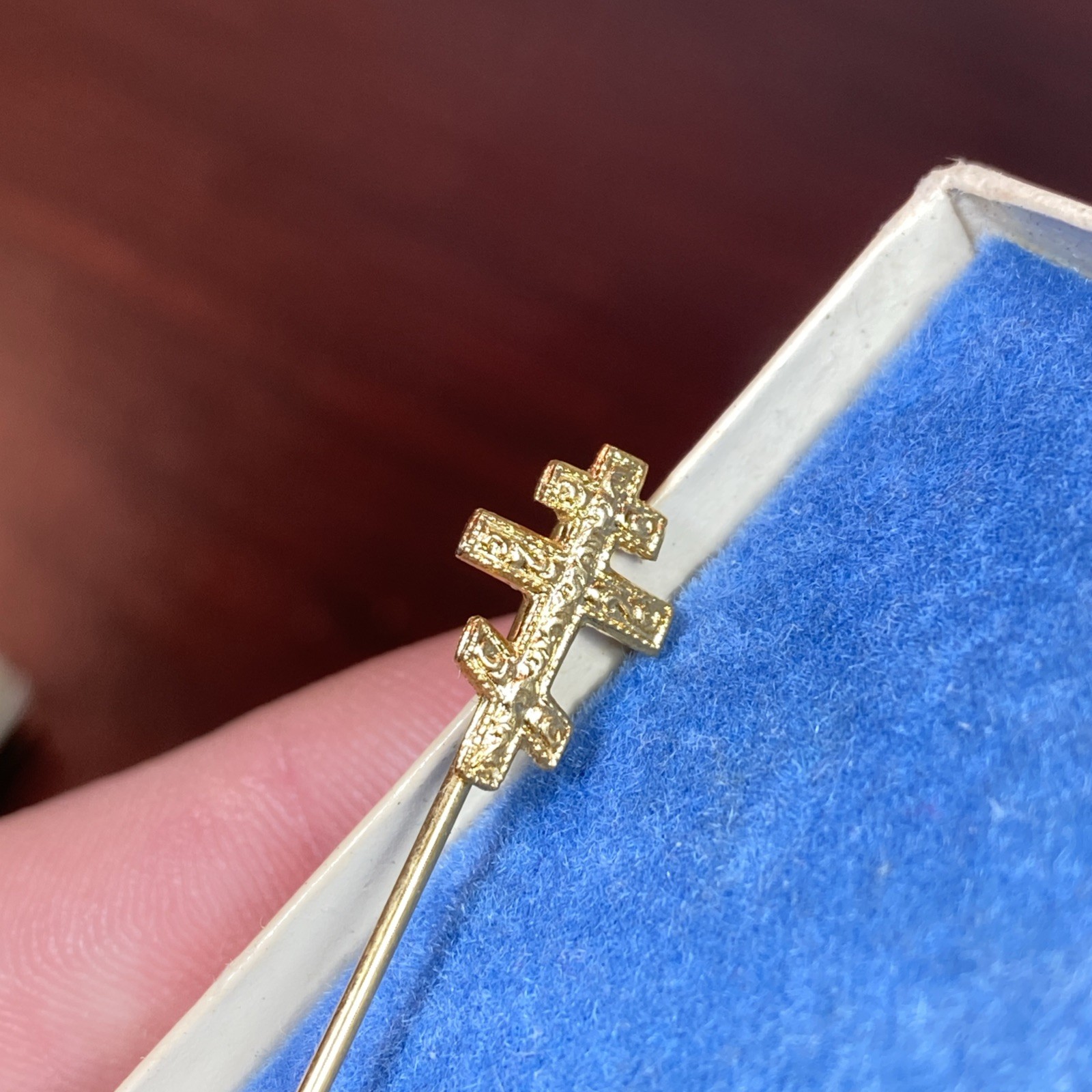 Vtg Orthodox Christian 3 Bar Cross Stick Pin Brooch Gold Tone Nice Detail 2-3/8”