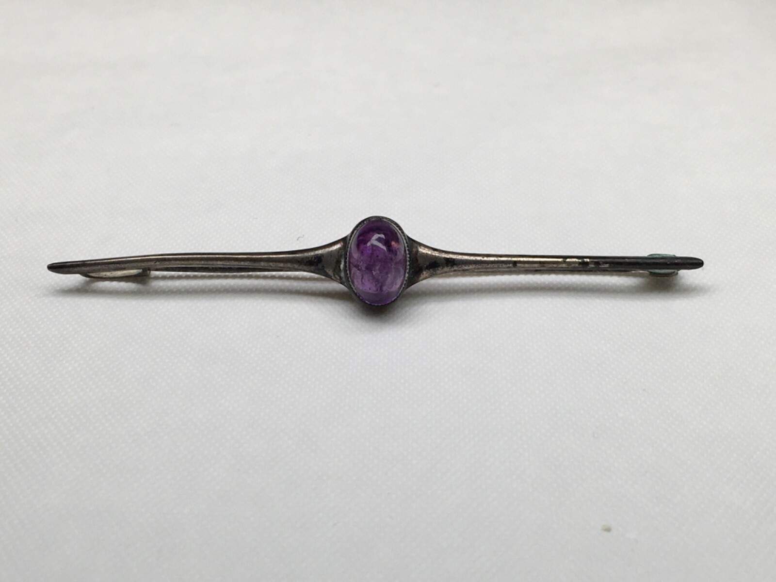 Vintage Brooch Glass OR Natural Purple Stone, 2-3/4″ Long, Unknown Metal.