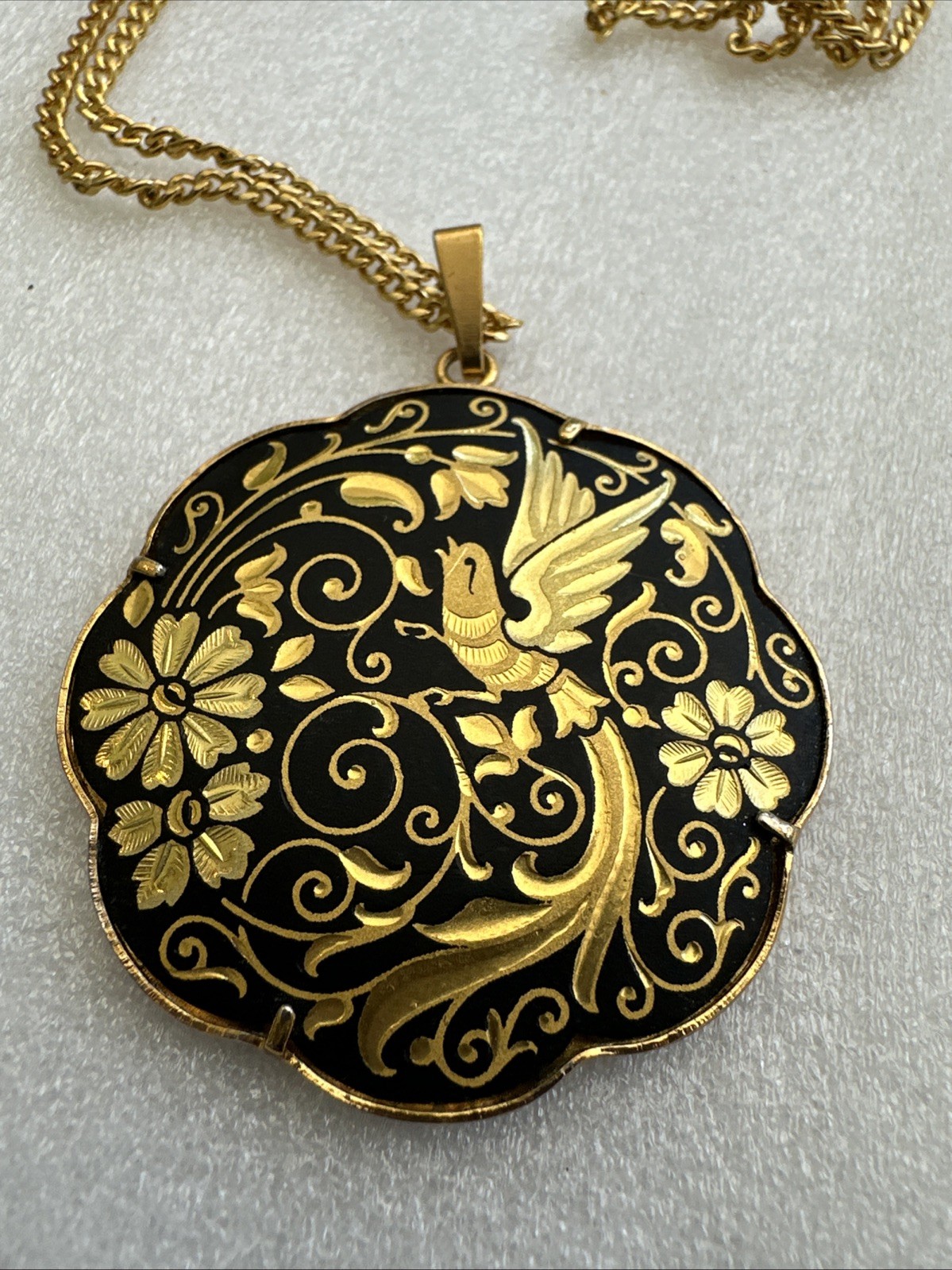 Vintage Spanish Damascene Bird Floral Bracelet & Pendant Set Black Gold