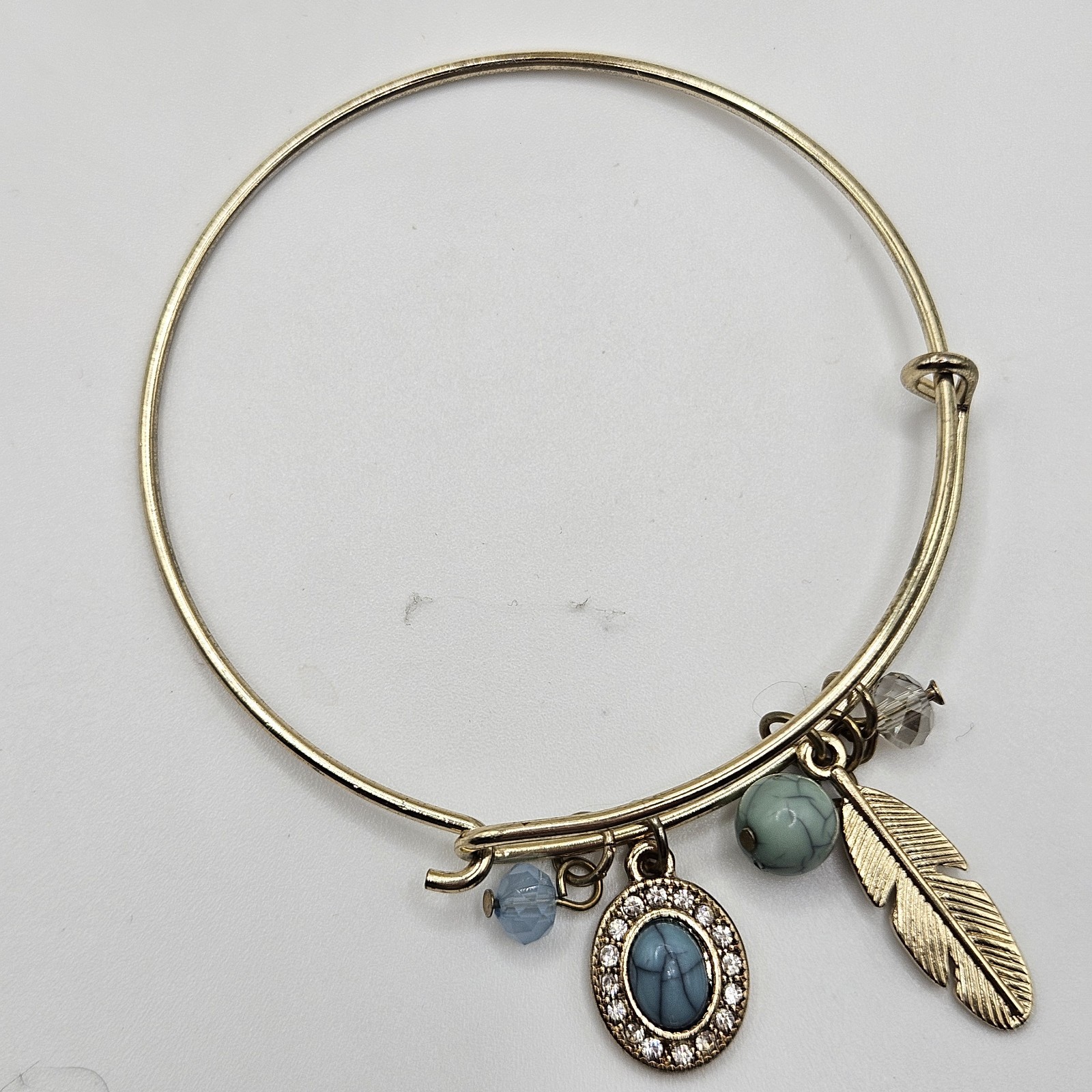Feather And Faux Torquoise Silver Tone Rhinestone Bangle Charm Bracelet