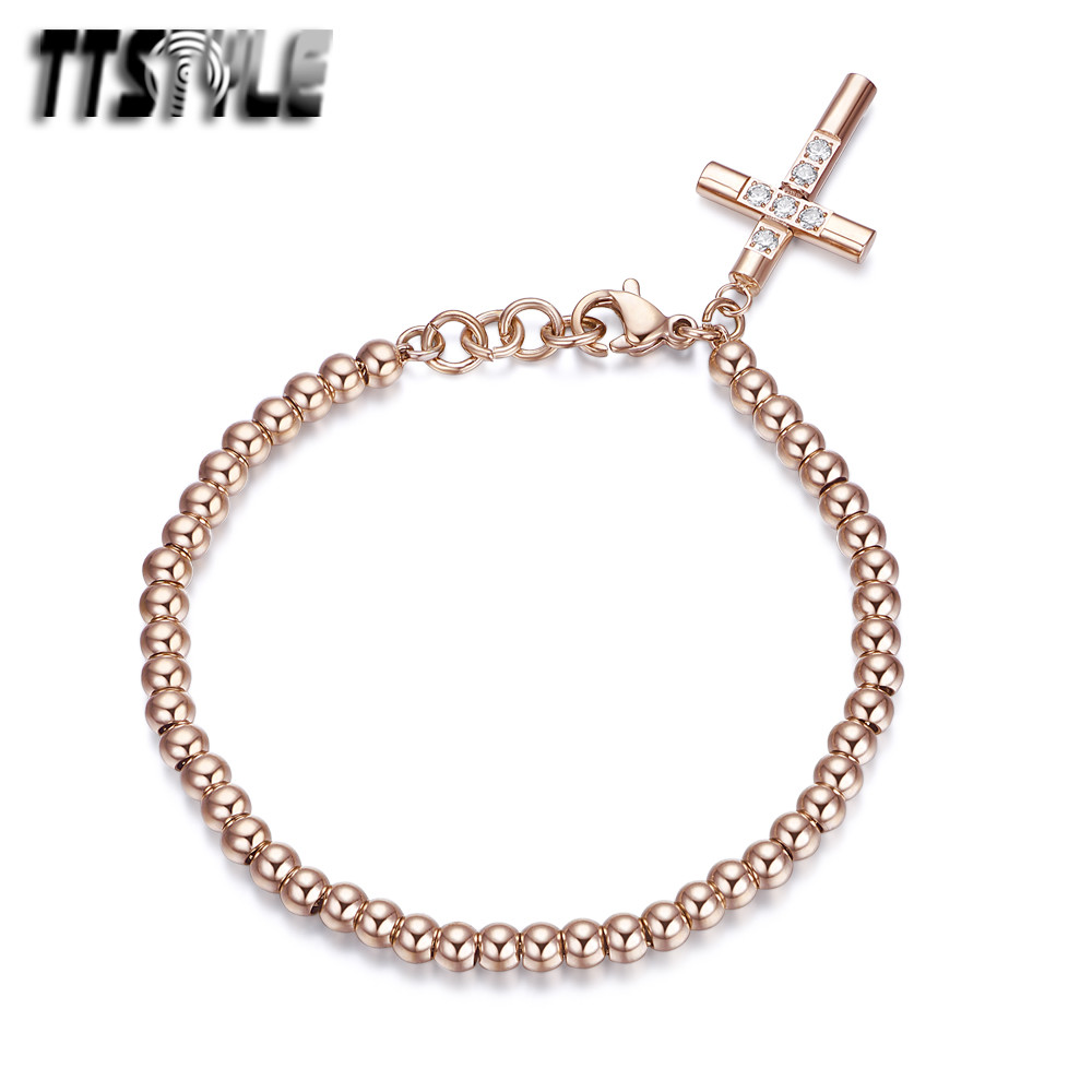 TTstyle Rose Gold S.Steel 4mm Bead Dangle Cross CZ Bracelet 16-18cm NEW