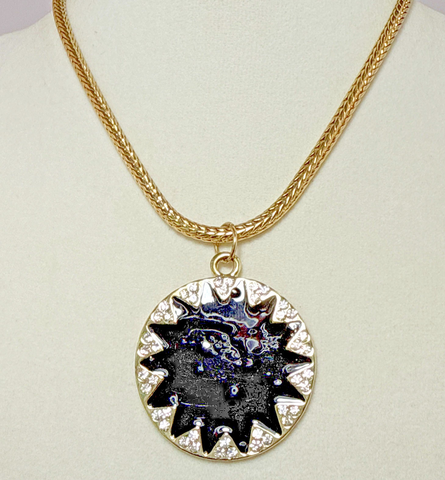 Vintage Celestial Sunburst Medallion Necklace Gold Tone Blue Black Enamel Sun