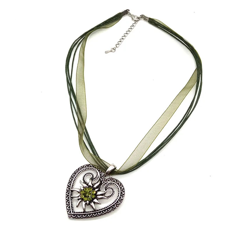 New Vintage Heart Edelweiss Flowers Necklace Organza Ribbon Pendant Women