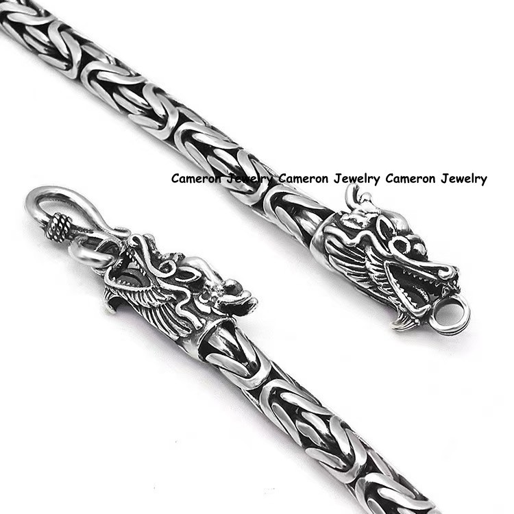 Pure S925 Sterling Silver Chain Dragon Head 5mm Byzantine Link Bracelet 7.1-9in