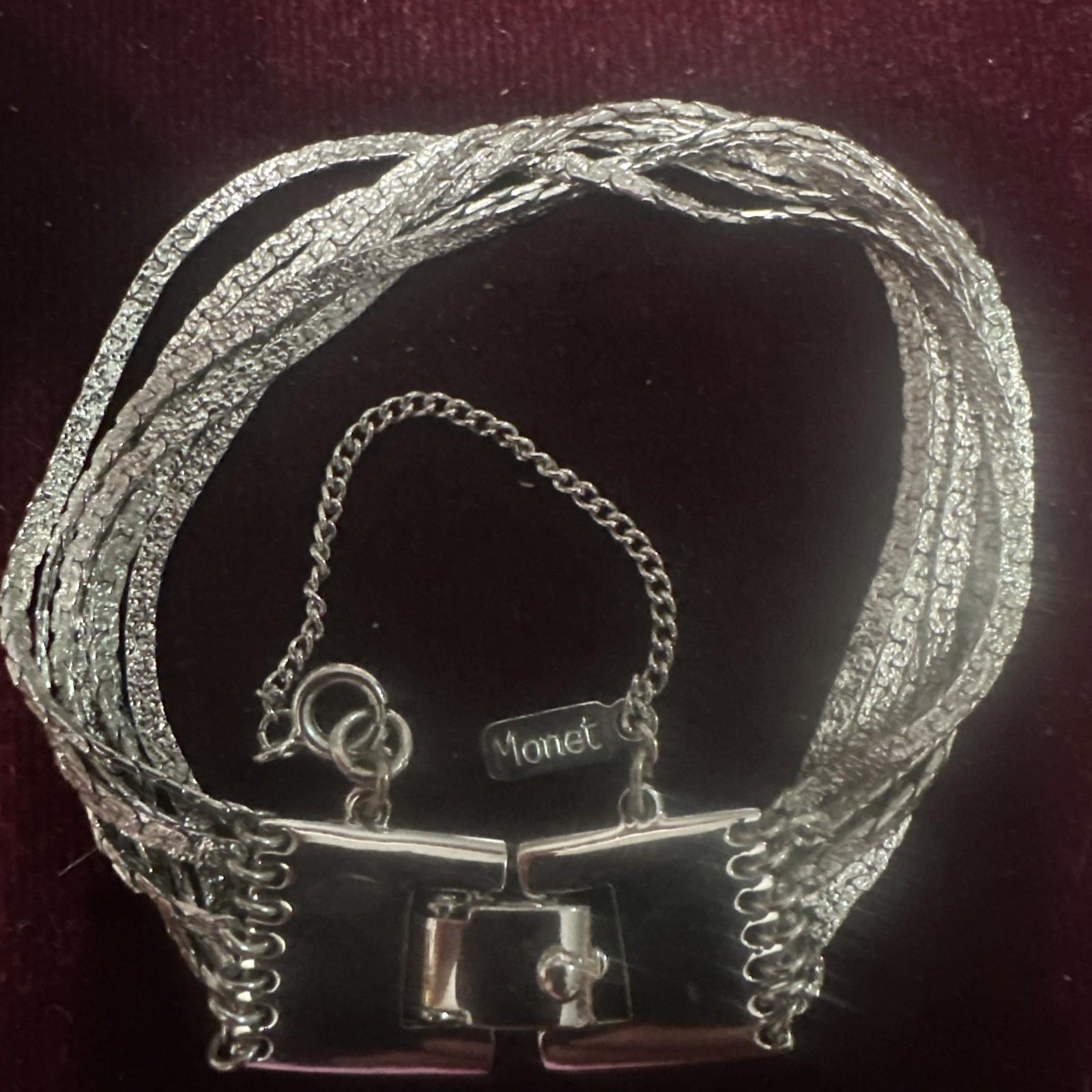 Vintage Monet Multi Strand Silver Tone Chain Bracelet with Safety Chain New