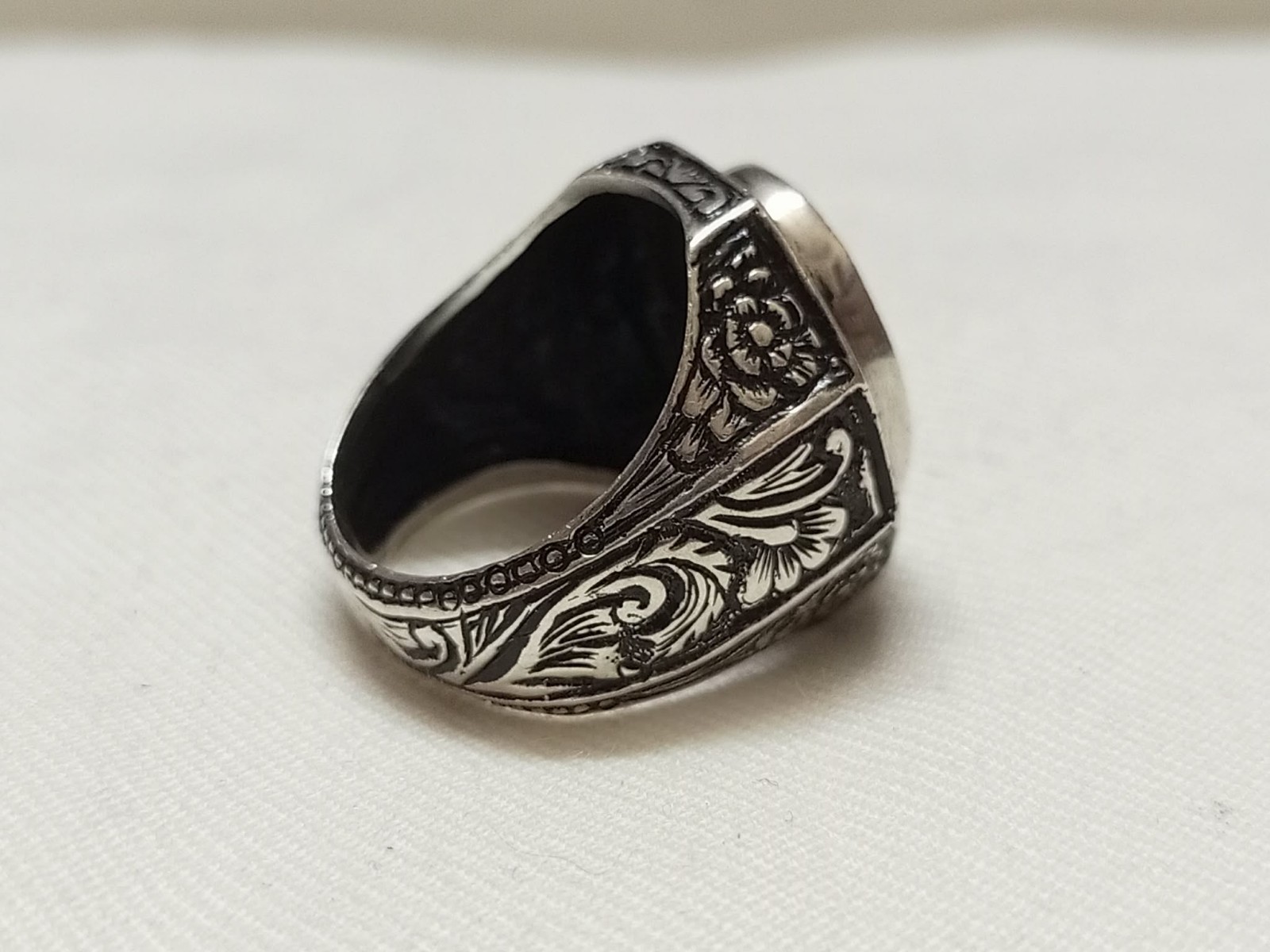 Vintage Turkish Men’s Ring 925 Sterling Silver Black Onyx Carved Engraved 18.4g
