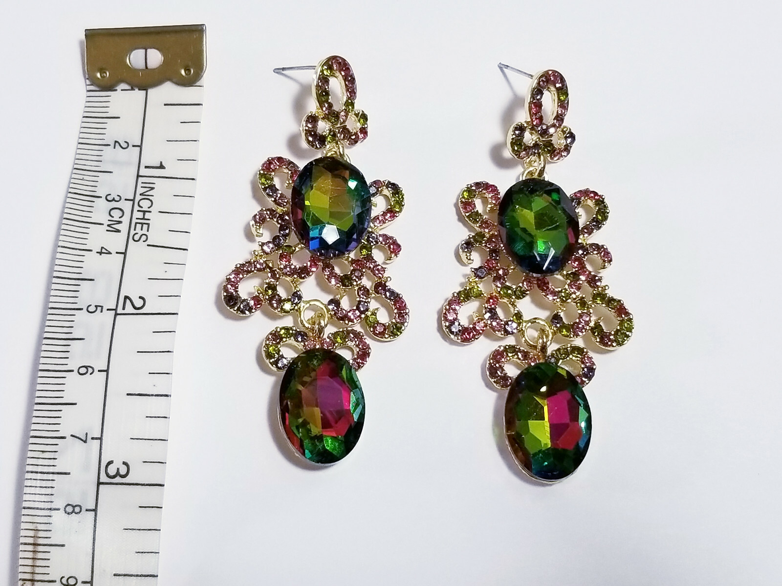 Topaz Color Chandelier Earrings Rhinestone Crystal Statement Drag Queen 2.8 in