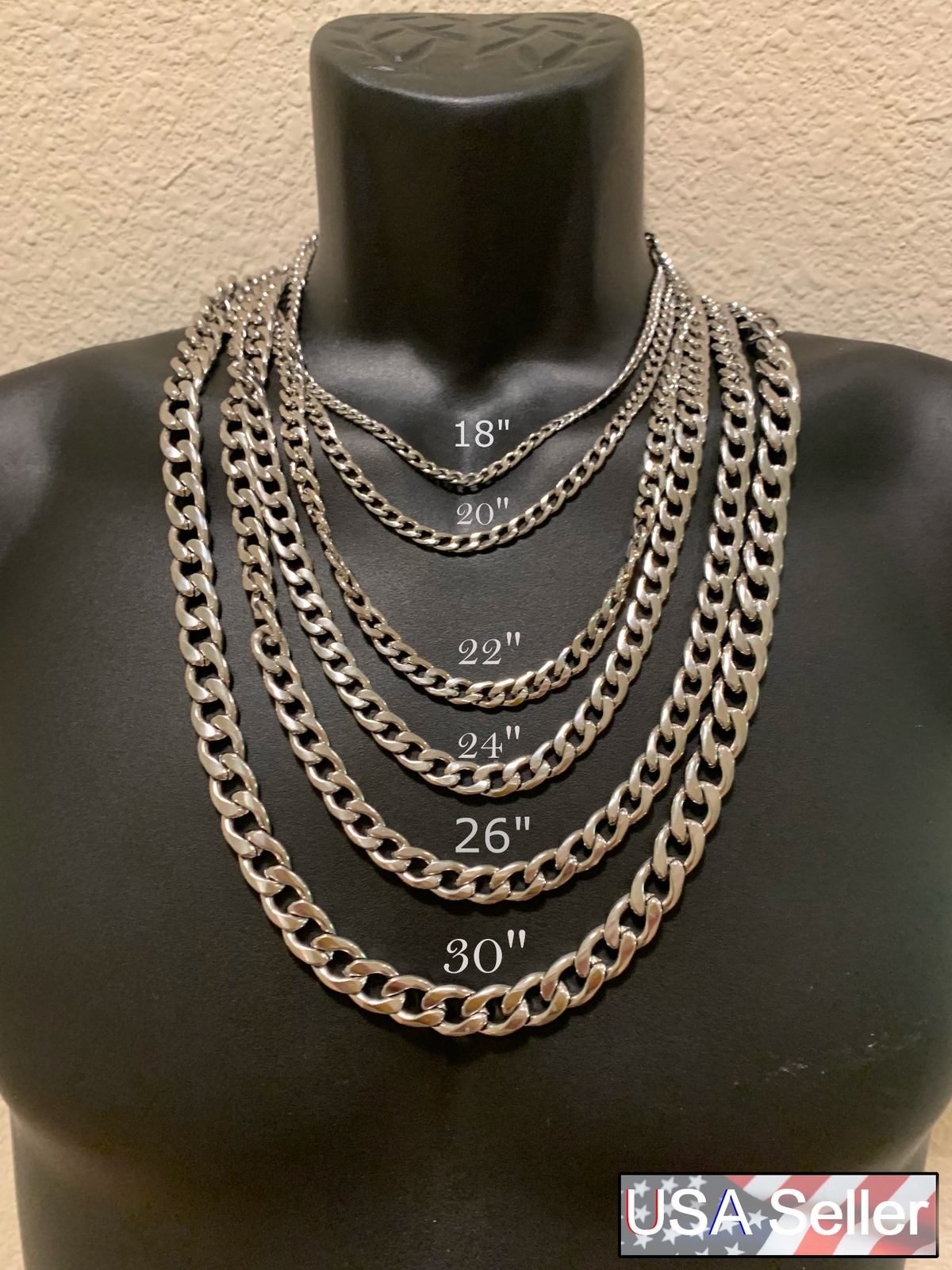 22 INCH, 3/4/5/7/9/11mmSTAINLESS STEEL CUBAN CURB SILVER CHAIN USA SELLER