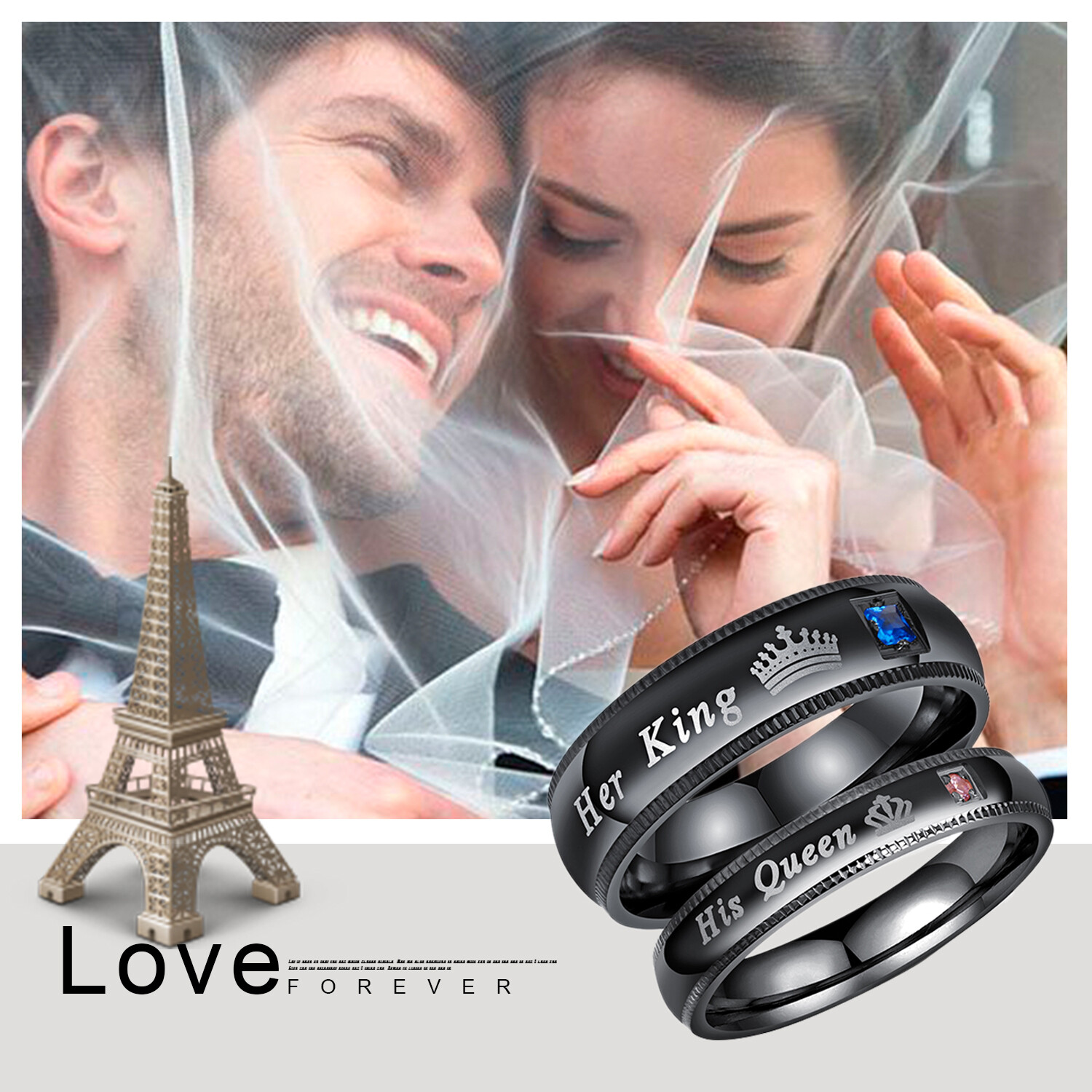 2pc Couple His Queen&Her King Rings Stainless Steel CZ Band Valentine’s Day Gift