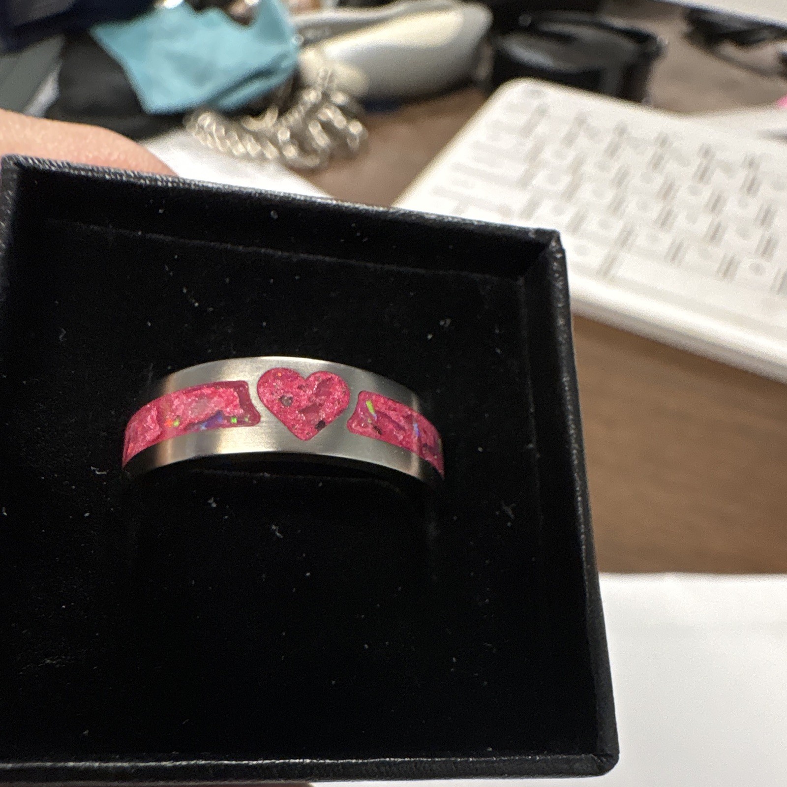 Size 8 pink heart with pink opal 6mm inlay titanium, hand made by seller