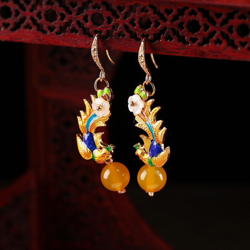 Chinese Ethnic Style Antique Earrings Yellow Agate Cloisonne Phoenix Earrings
