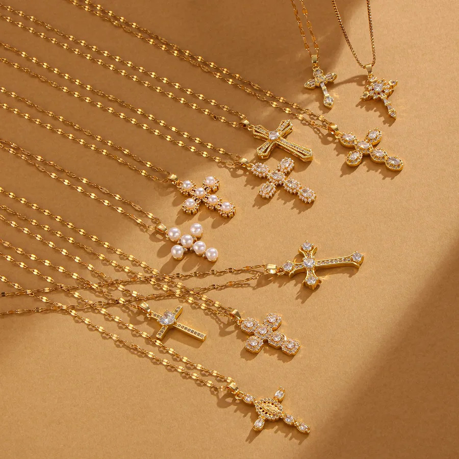 Stainless Steel 18K Gold Plated Vintage Style Plating Inlay Geometric Cross