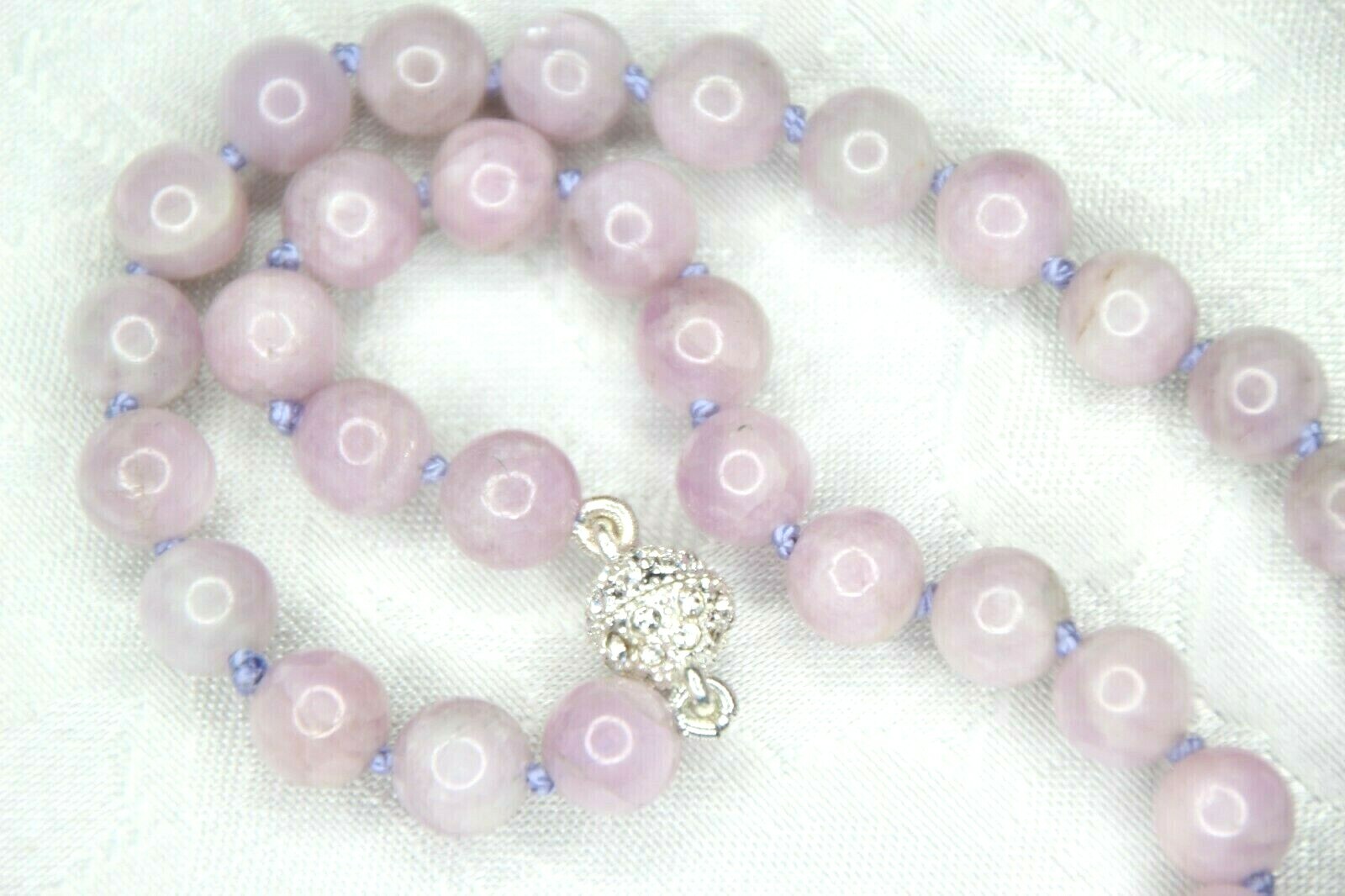 Kunzite Purple Gemstone 18″ Hand Tied Silk Knotted Necklace Rhinestone Clasp