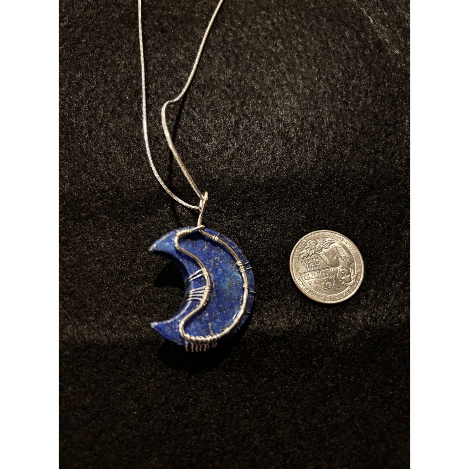Lapis Lazuli Crescent Moon Tree of Life Wire Wrapped Necklace Silver Tone Chain