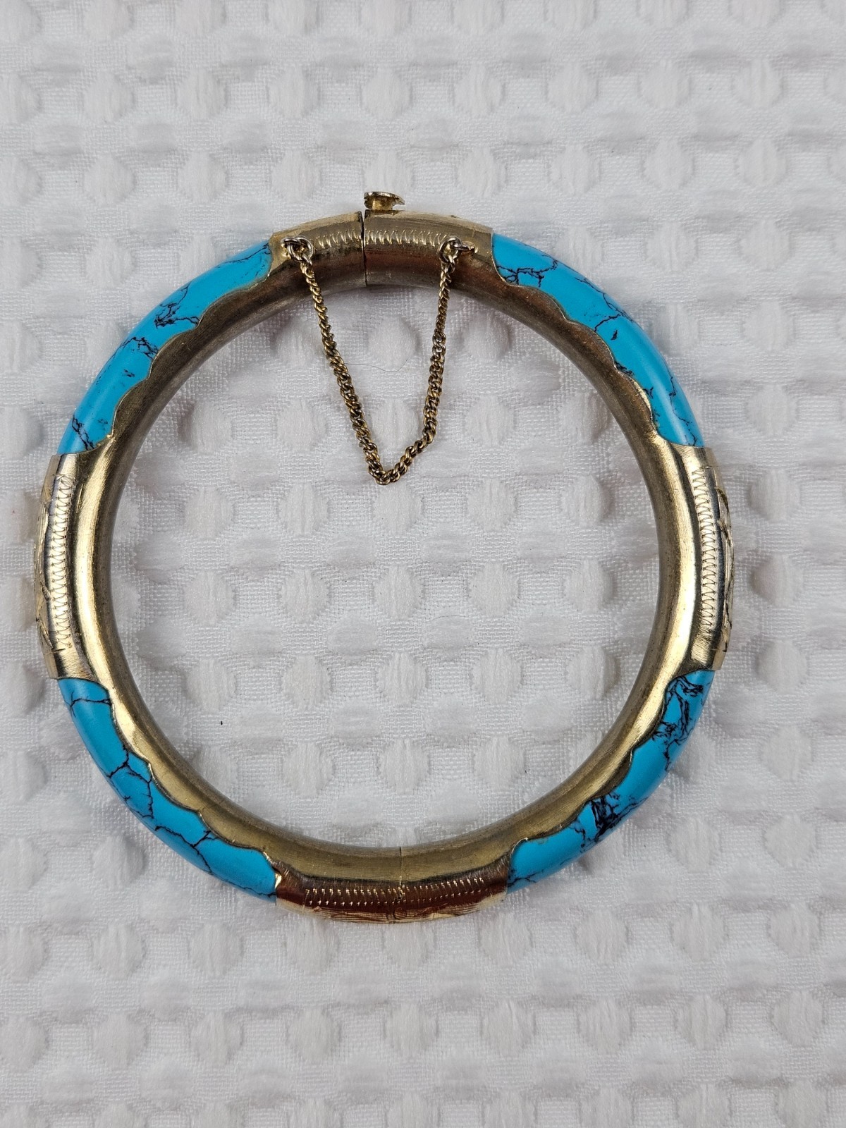 Vintage Chinese Gold Filigree Type Metal? Blue Turquoise Howlite Hinged Bracelet