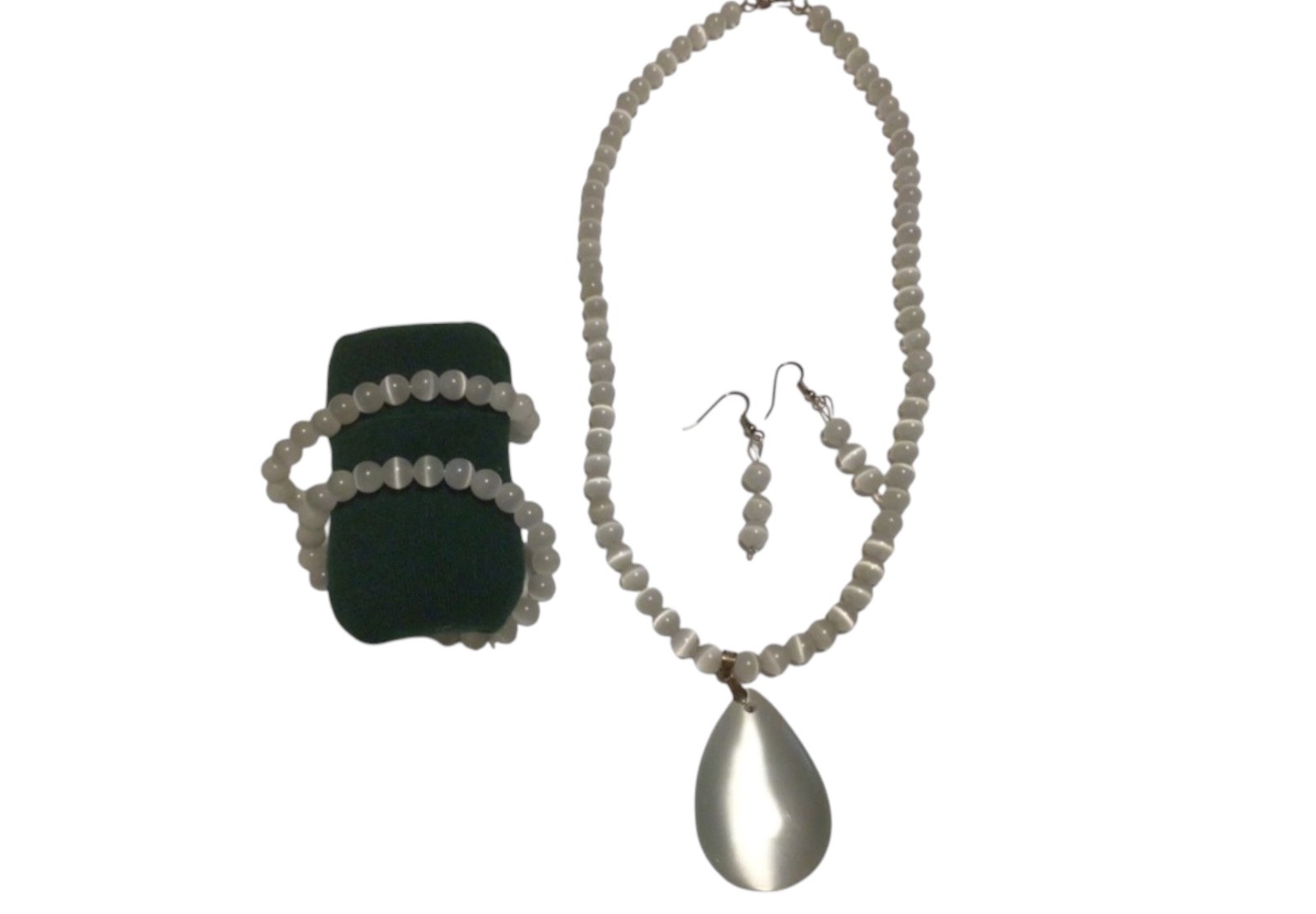 White Cat Eye Jewelry Set 22” Teardrop Necklace Bracelets Dangle Earrings