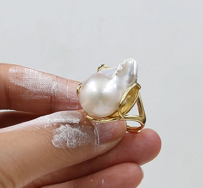 18.0×25.0 mm Classic Natural White baroque kasumi pearl ring adjustable