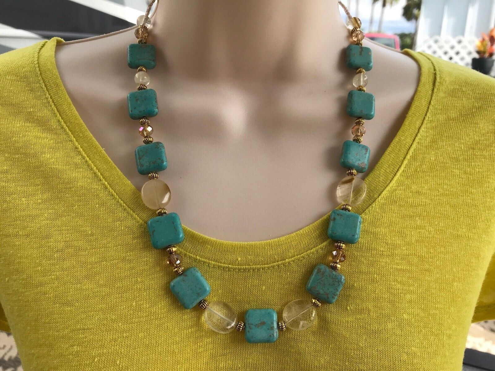 Handmade Necklace Turquoise Magnesite, Honey Quartz and Champagne Crystal Beads
