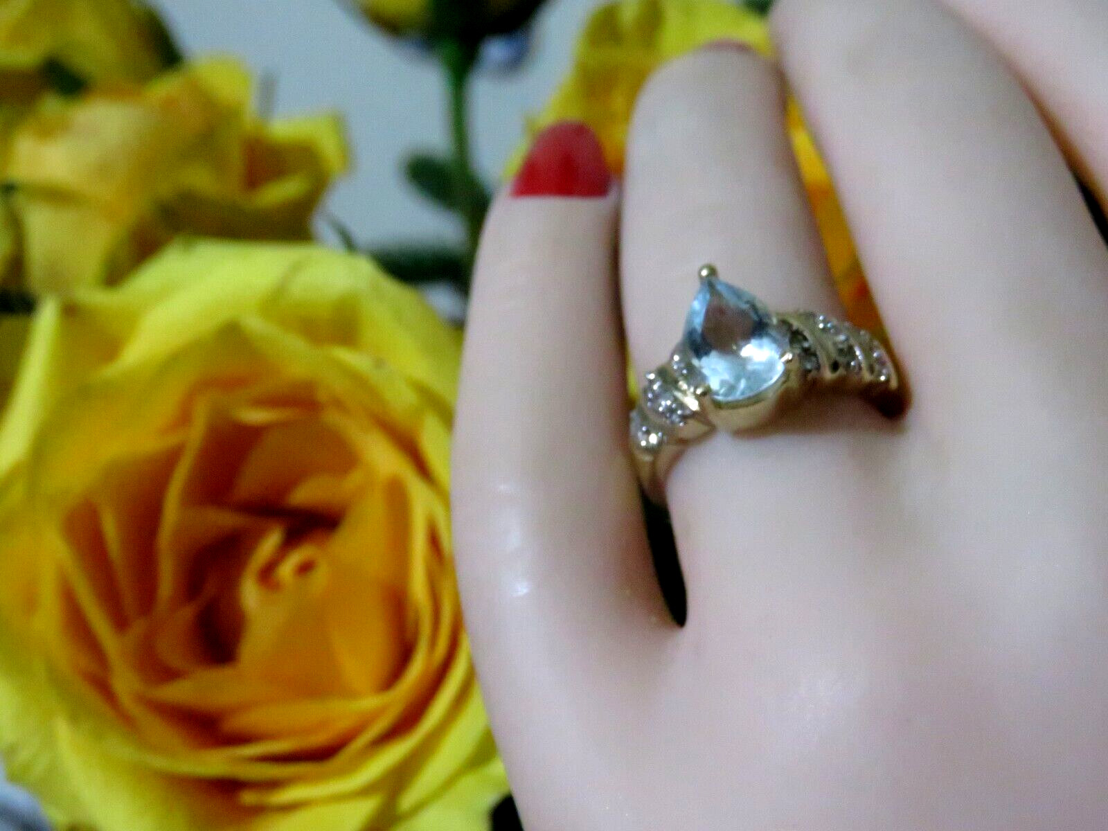 Solid 14k Yellow Gold Big 10 x7 Aquamarine 18 Diamonds Cocktail Ring 6.5 * 5.7gr