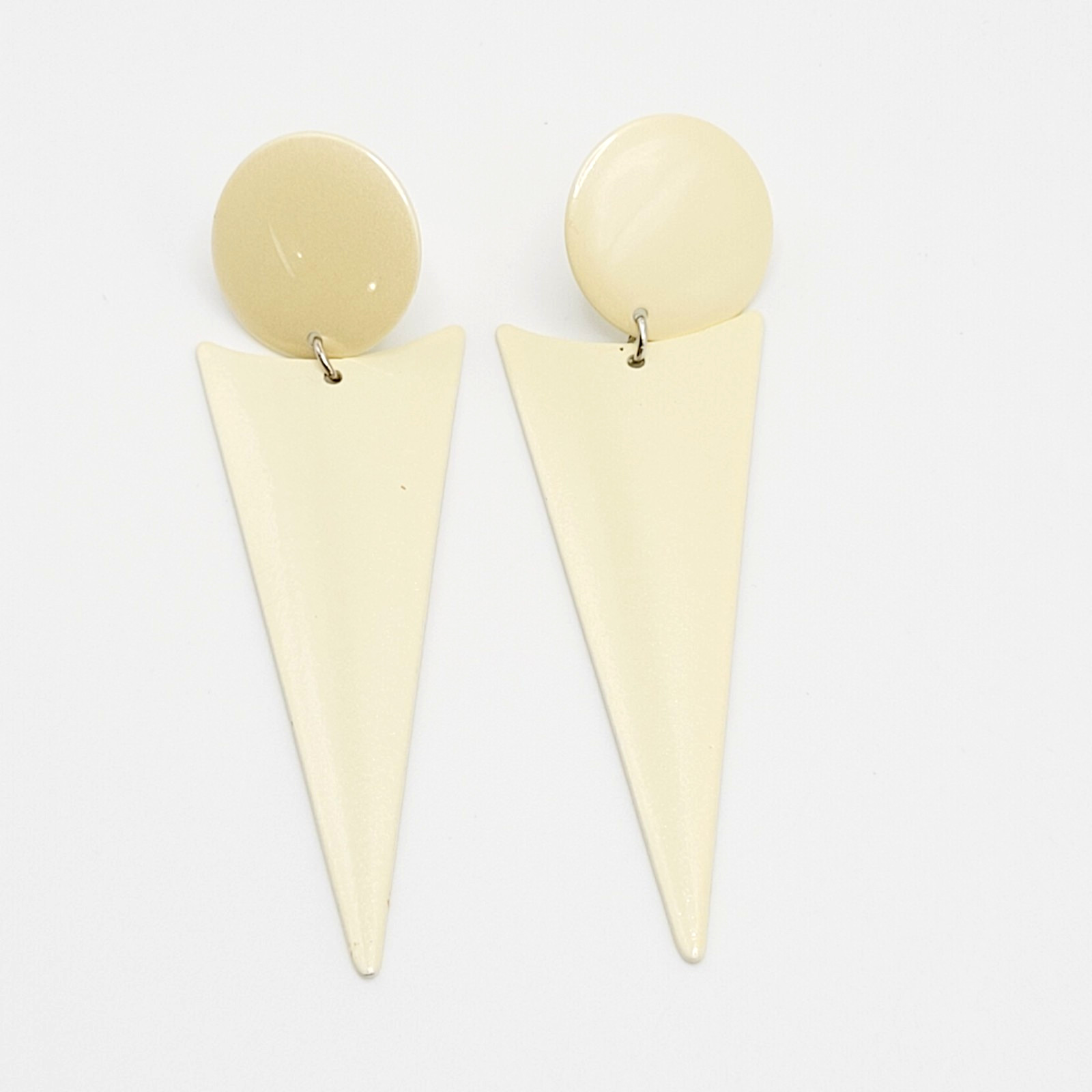 Minimalist Geometric Long Drop Dangle Metal and Cream Enamel Vtg 1980s Earrings